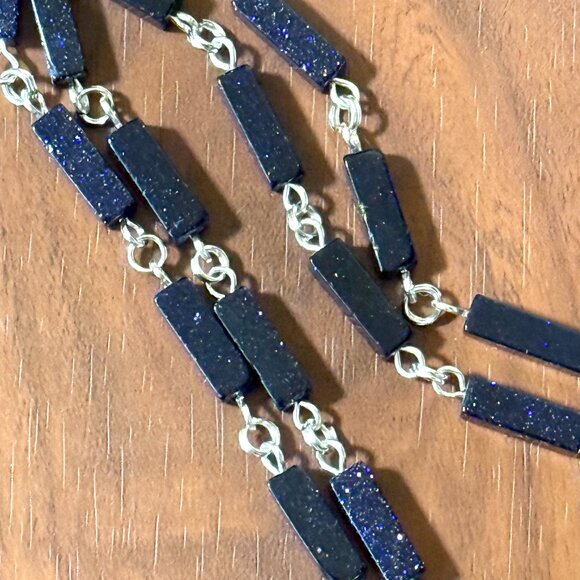 Dark Blue Goldstone Short Necklace w/ Silver Cat on the Moon Pendant - Picture 9 of 14